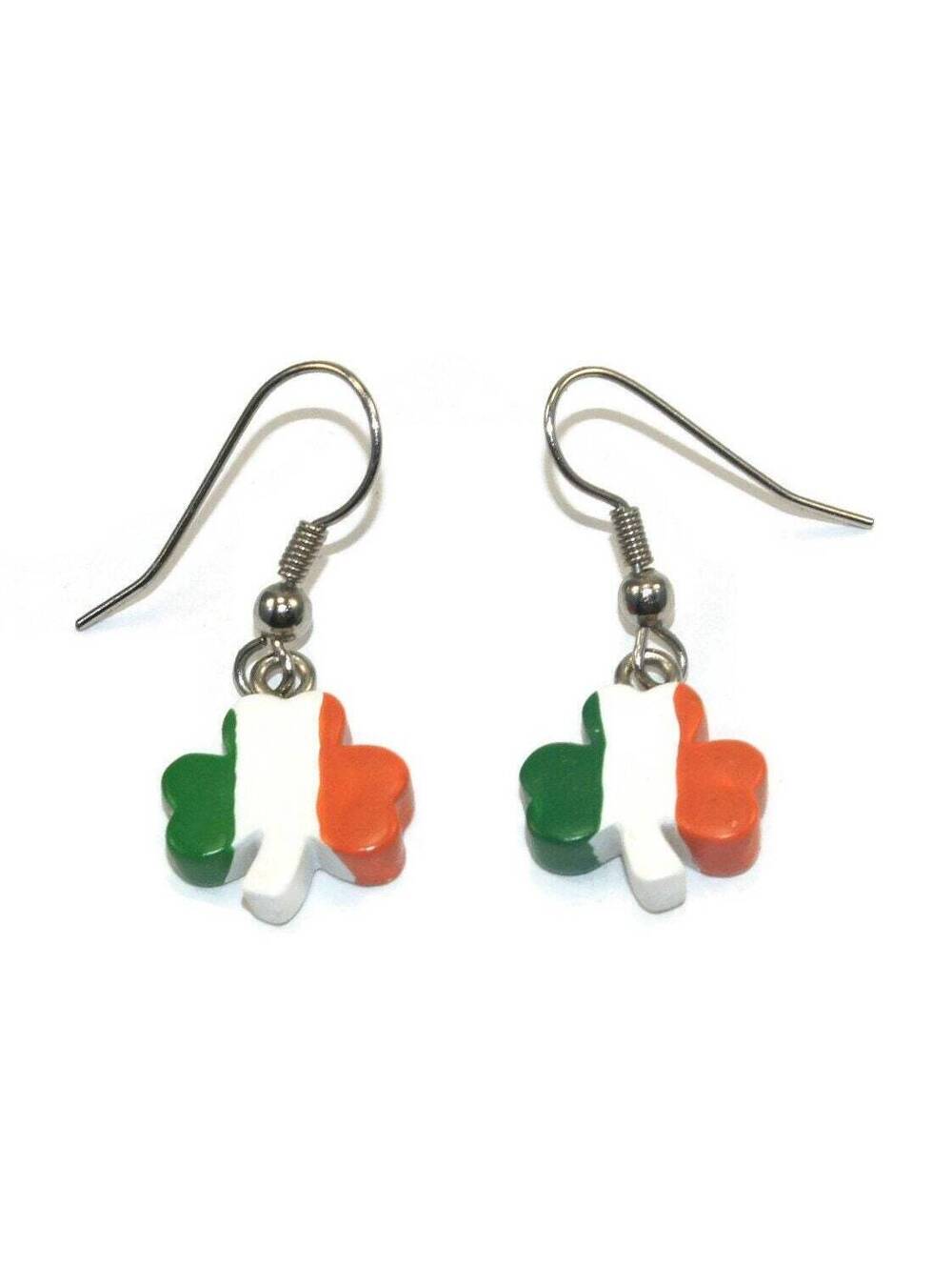 VTG Plastic Shamrock Dangle Earrings in Green, White & Red, Ireland Flag Colors.
